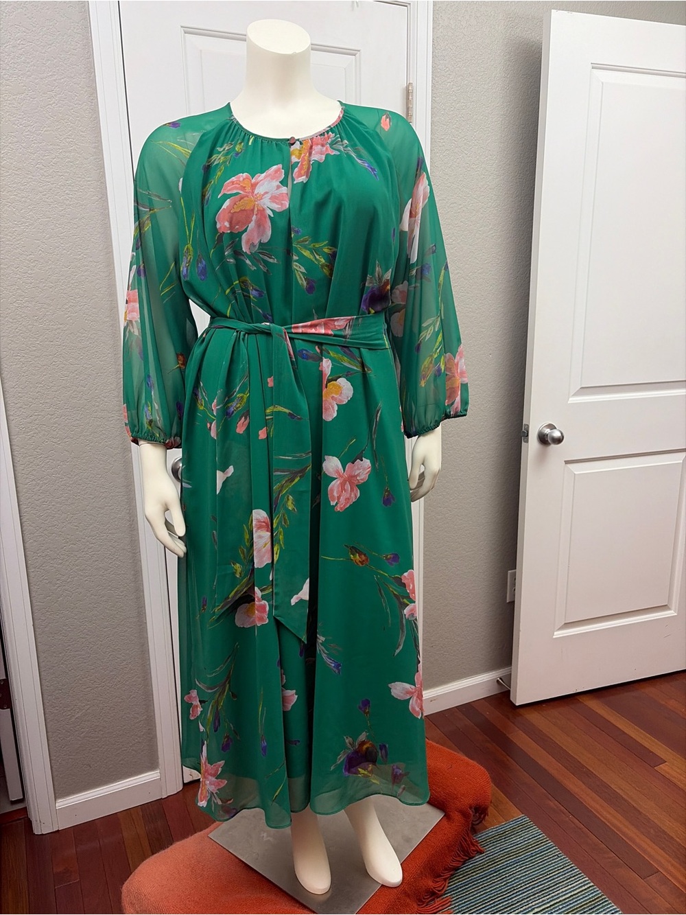Marina Rinaldi Persona Green Floral Chiffon Maxi Dress | US 20 | Belted